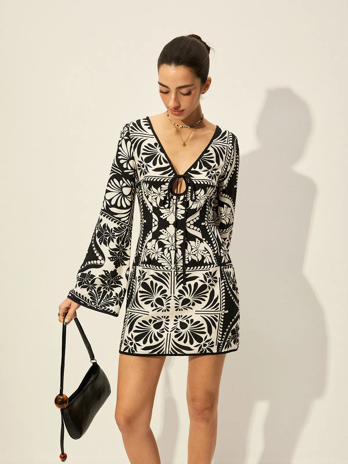 Printed Tie-Front Bell Sleeve Dress sold by COMMENSE product image thumbnail 2