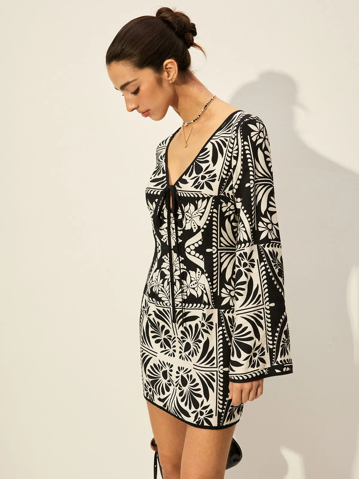 Printed Tie-Front Bell Sleeve Dress sold by COMMENSE product image thumbnail 5