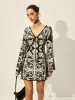 Printed Tie-Front Bell Sleeve Dress sold by COMMENSE