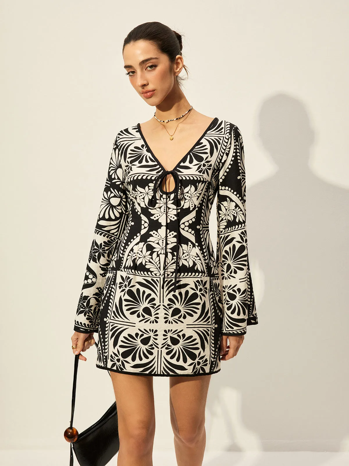 Printed Tie-Front Bell Sleeve Dress sold by COMMENSE product image thumbnail 4