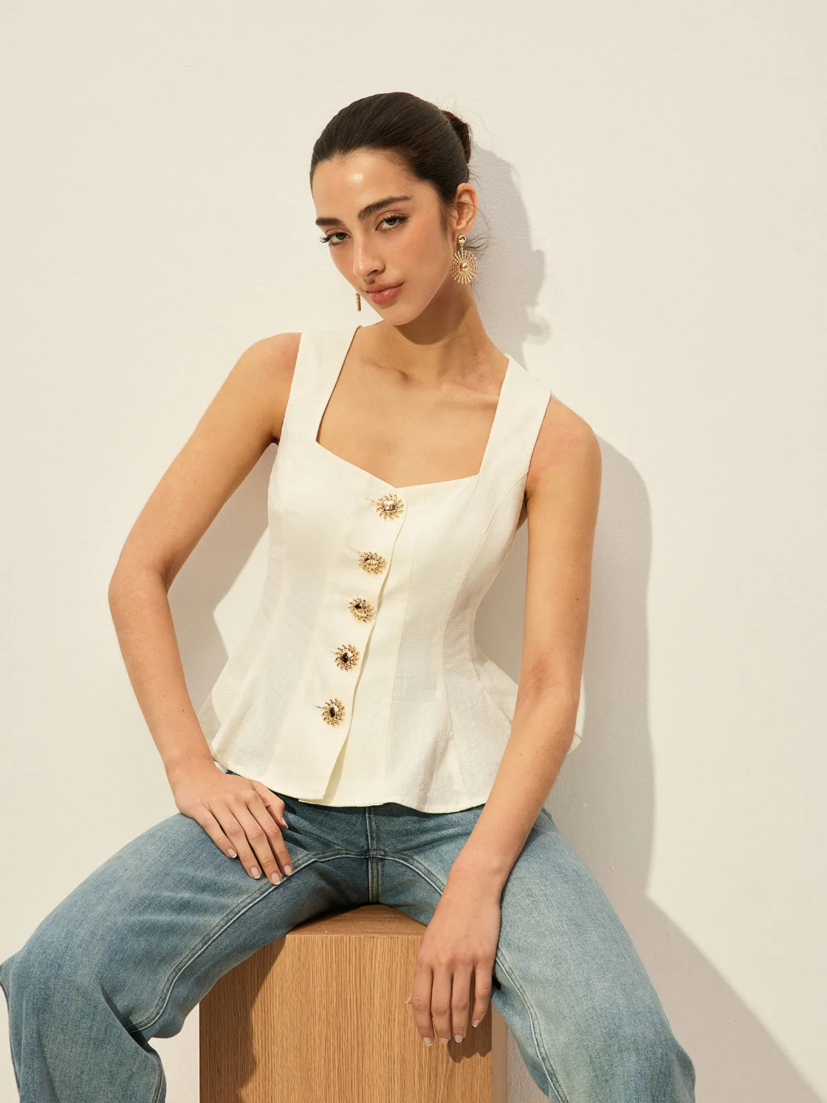 Square Neck Button-Front Peplum Top sold by COMMENSE product image thumbnail 4