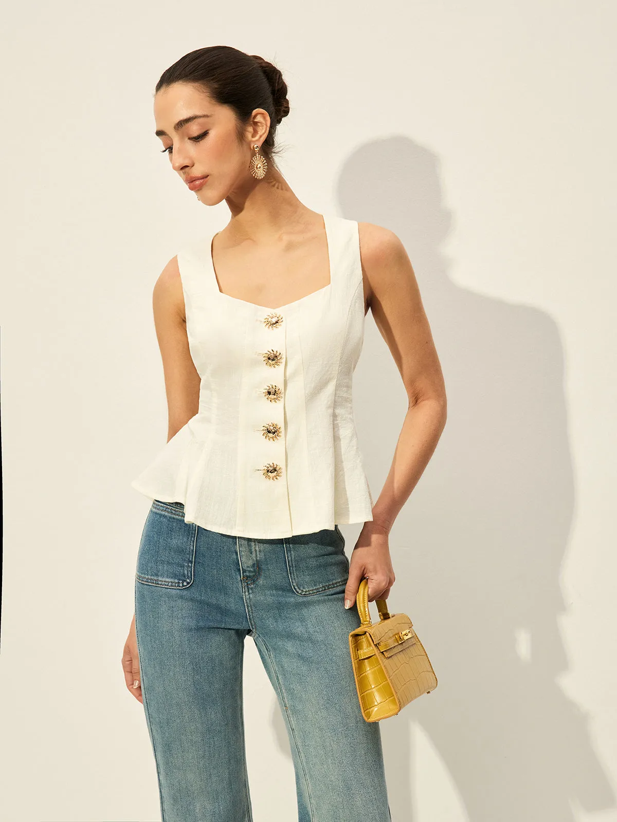 Square Neck Button-Front Peplum Top sold by COMMENSE product image thumbnail 5