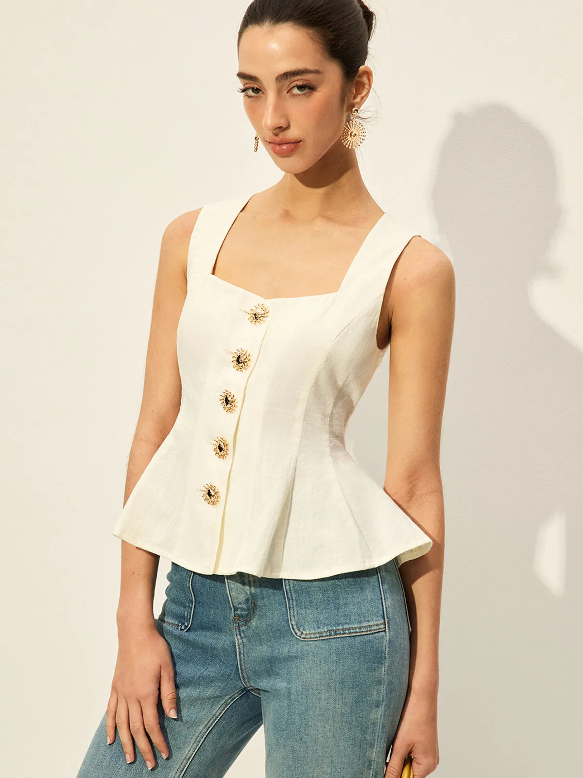 Square Neck Button-Front Peplum Top sold by COMMENSE product image thumbnail 2