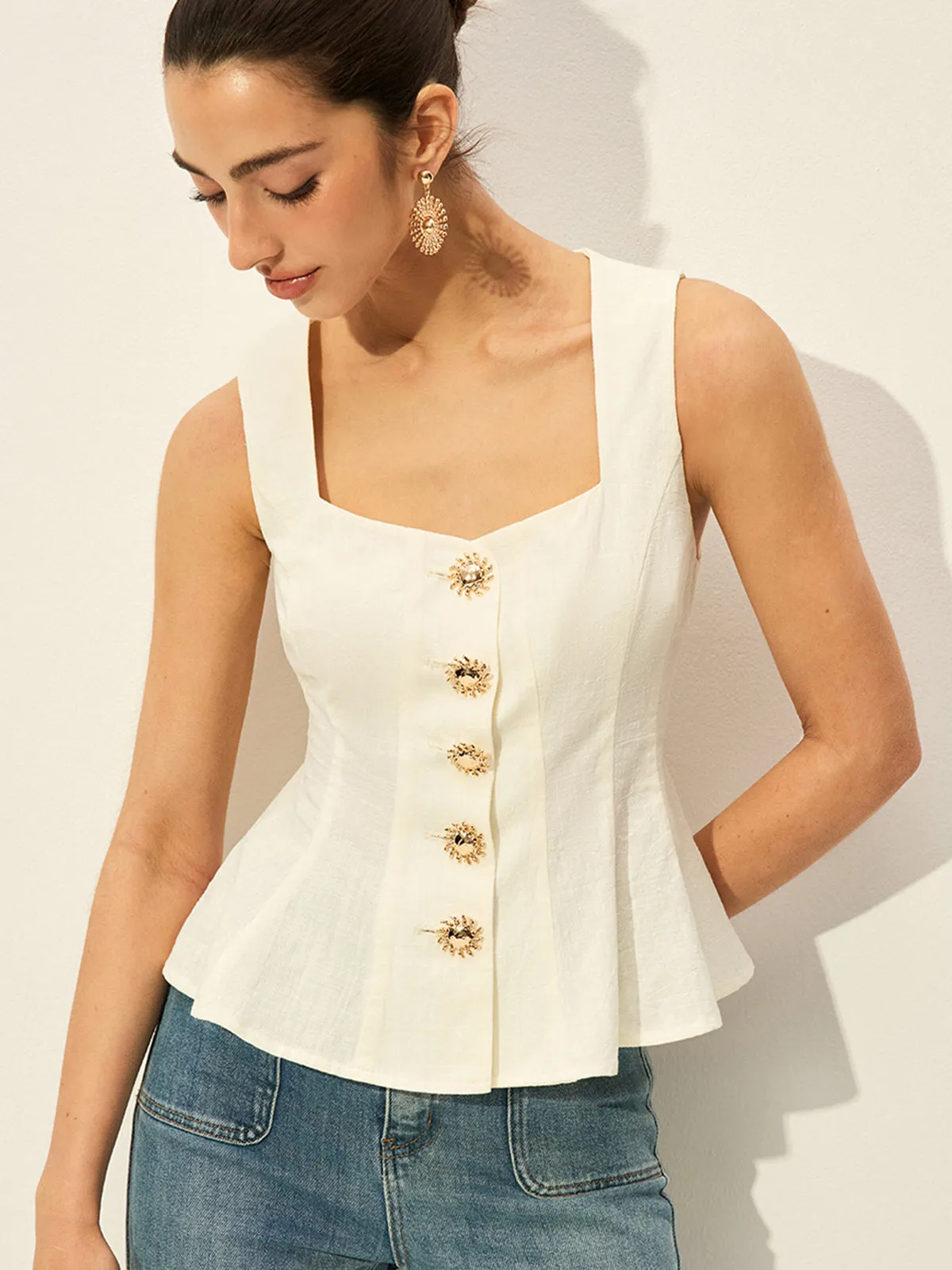 Square Neck Button-Front Peplum Top sold by COMMENSE