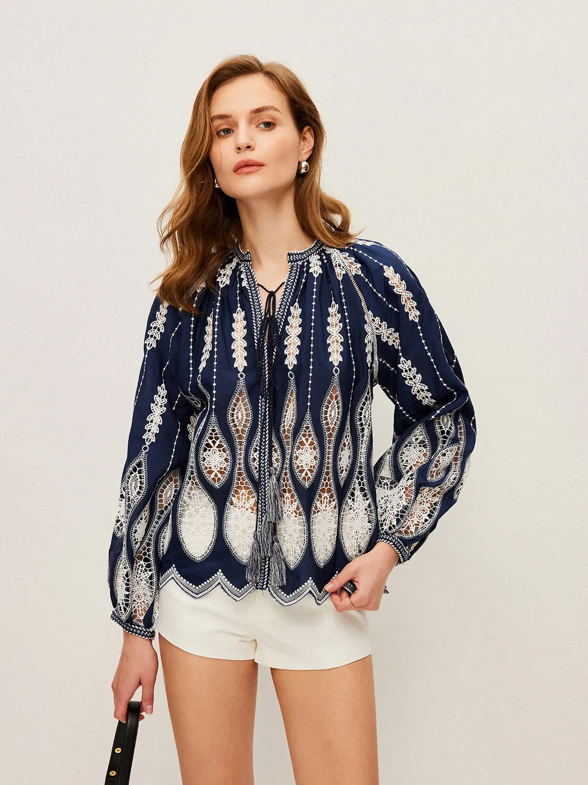 Semi-Sheer Embroidered Tie-Neck Blouse sold by COMMENSE product image thumbnail 4