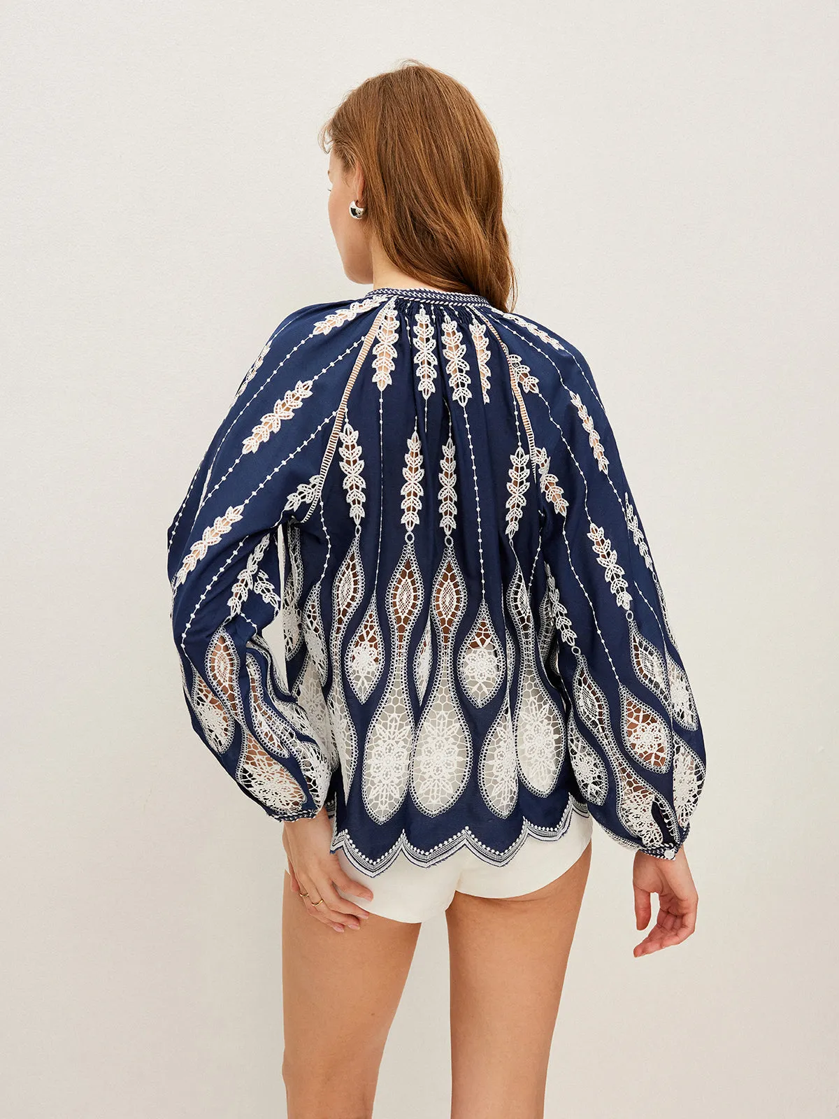 Semi-Sheer Embroidered Tie-Neck Blouse sold by COMMENSE product image thumbnail 3