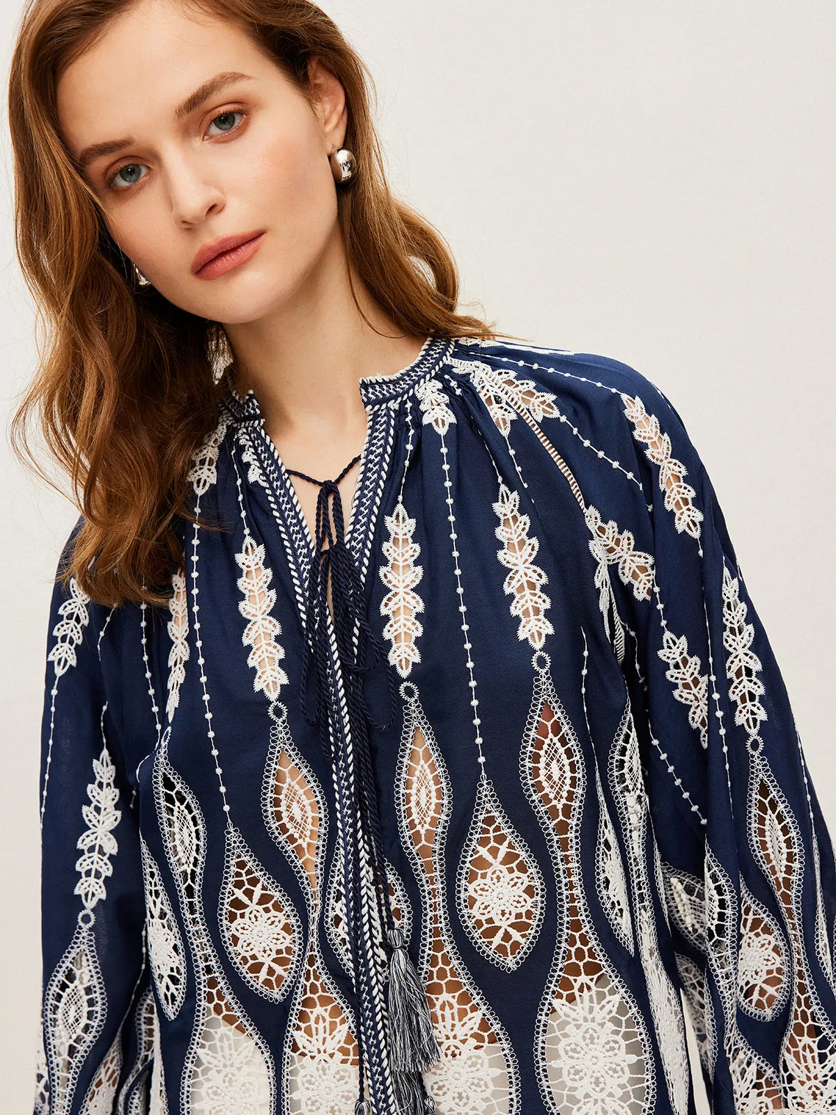 Semi-Sheer Embroidered Tie-Neck Blouse sold by COMMENSE product image thumbnail 2