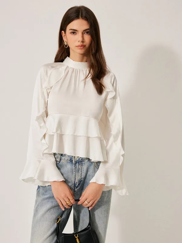 Stand Collar Button Ruffle Peplum Blouse sold by COMMENSE