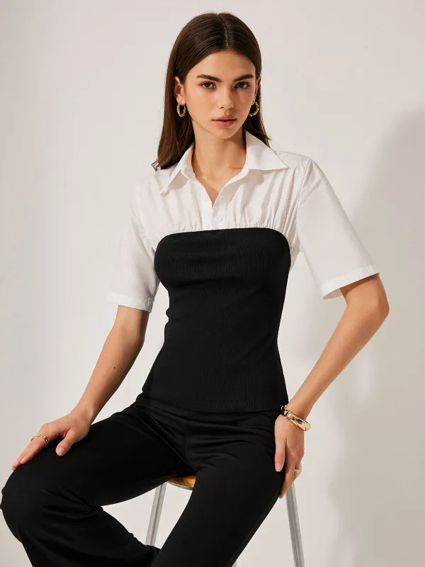 2 in 1 Panel Decor Button Lapel Blouse sold by COMMENSE