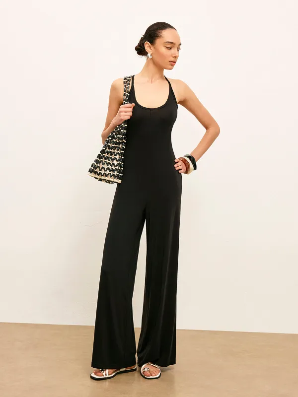 Knit Backless Sleeveless Scoop Neck Jumpsuit sold by COMMENSE