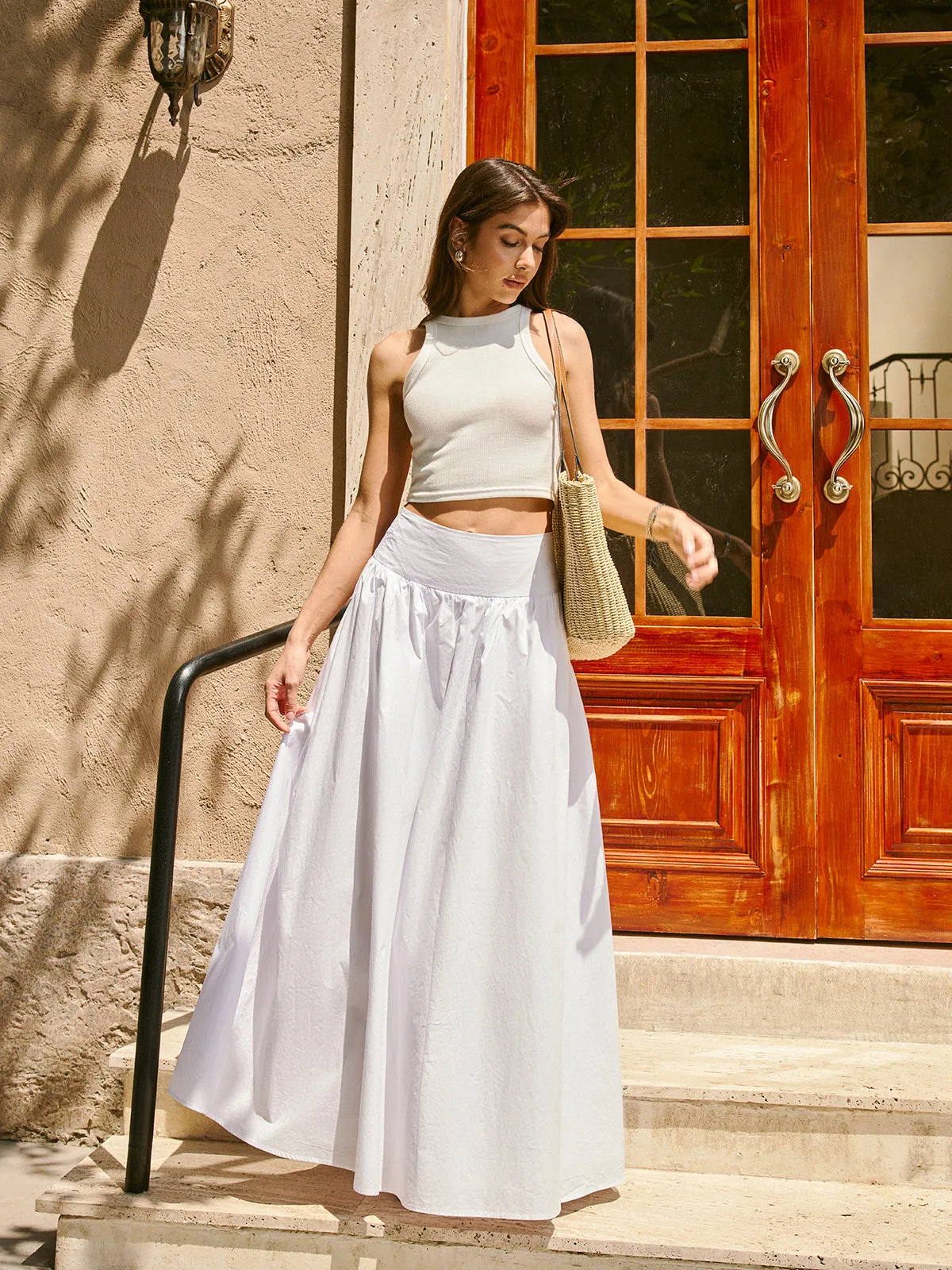 Cotton Mid-Waist Pleated Maxi Skirt sold by COMMENSE