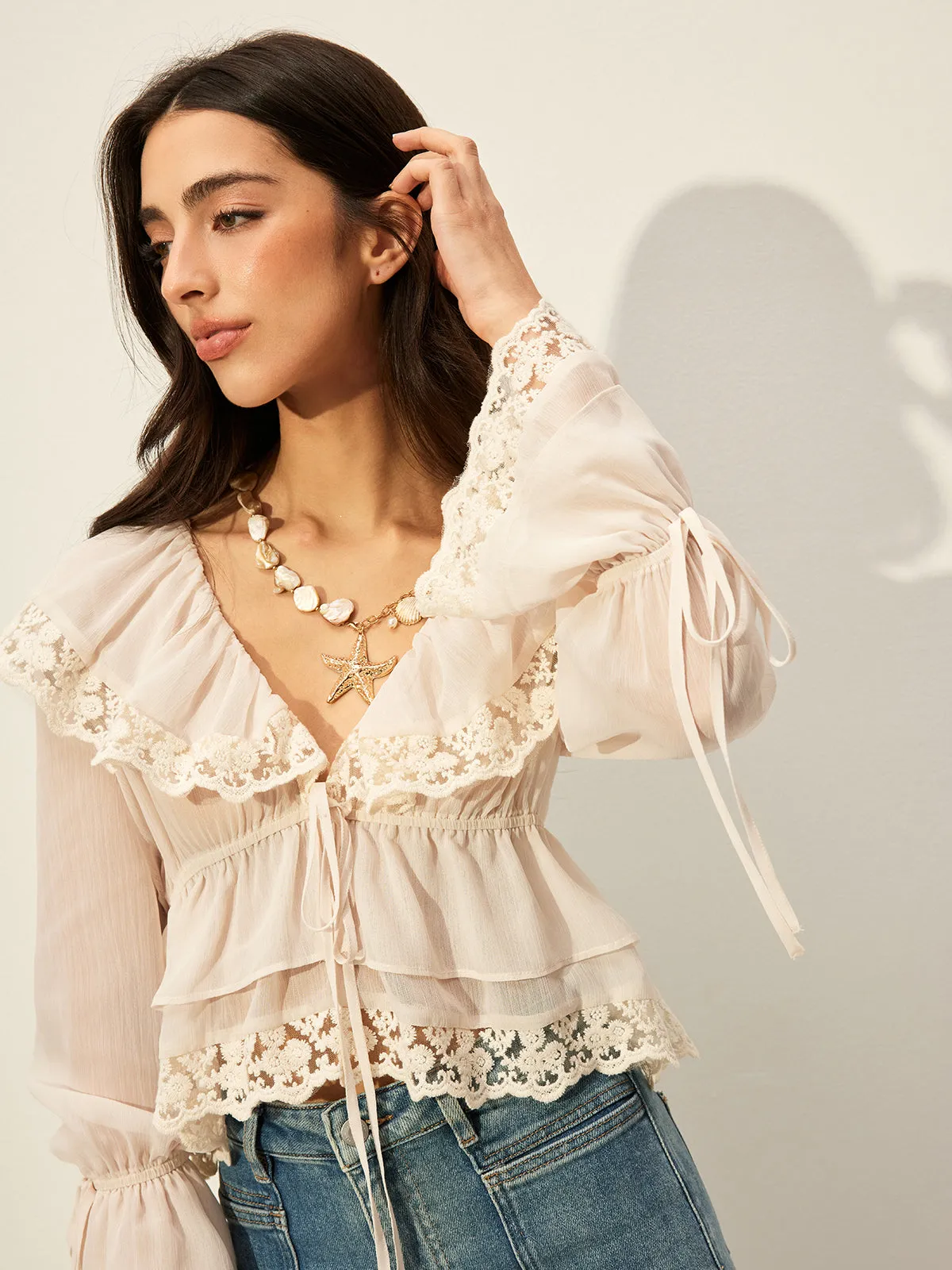 Semi-Sheer Chiffon Lace Detail Top sold by COMMENSE product image thumbnail 3