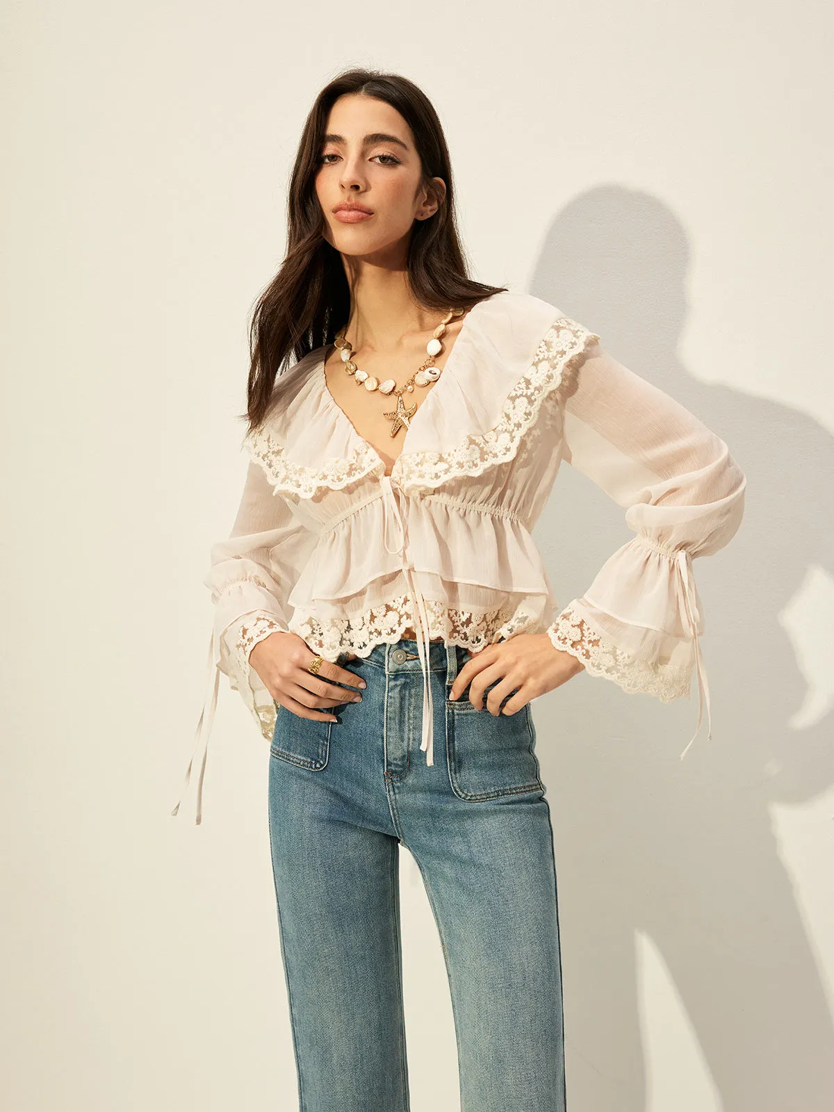 Semi-Sheer Chiffon Lace Detail Top sold by COMMENSE product image thumbnail 2