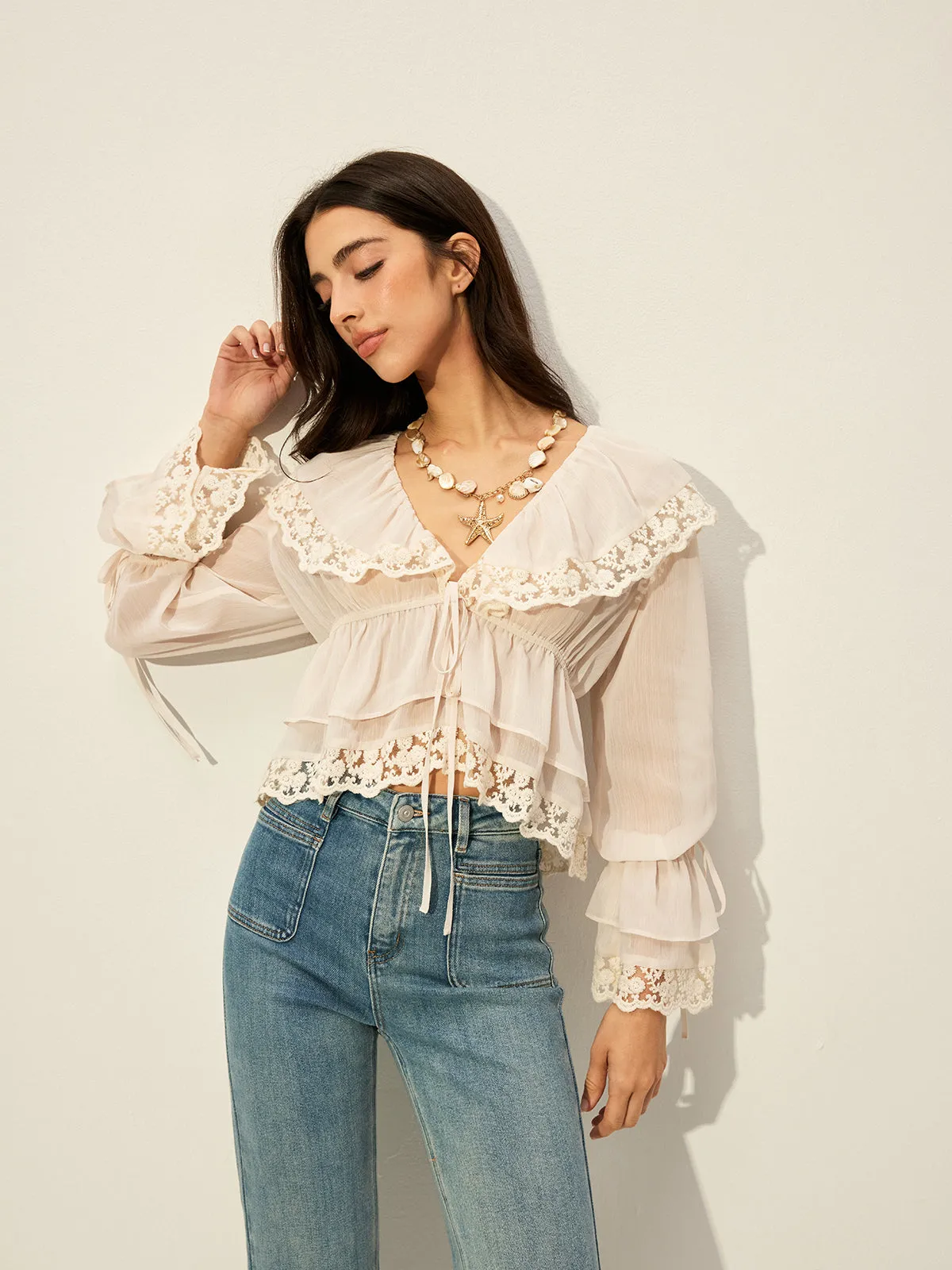 Semi-Sheer Chiffon Lace Detail Top sold by COMMENSE product image thumbnail 4