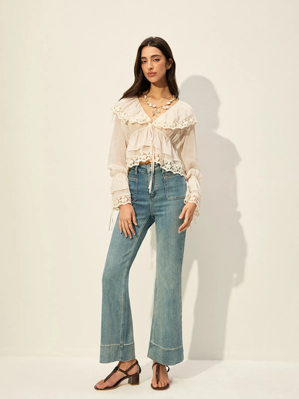 Semi-Sheer Chiffon Lace Detail Top sold by COMMENSE product image thumbnail 5