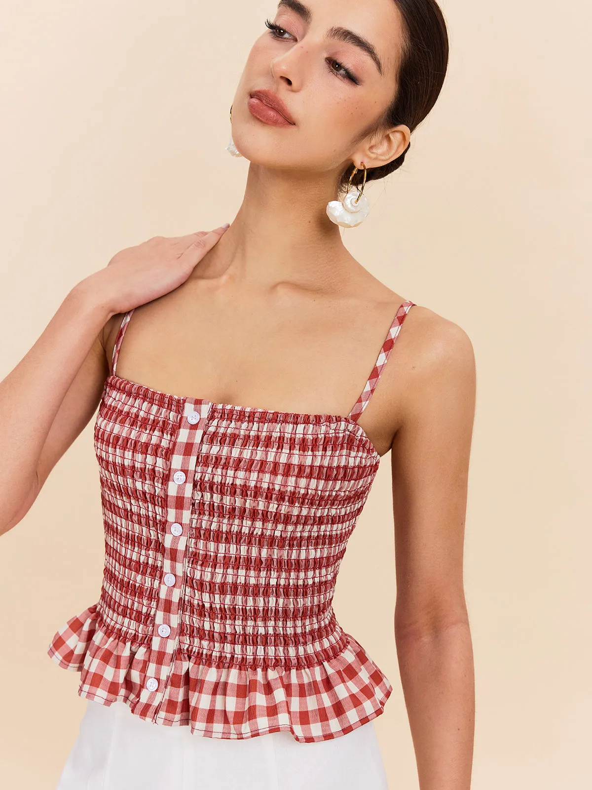 Gingham Smocked Peplum Cami Top sold by COMMENSE product image thumbnail 2