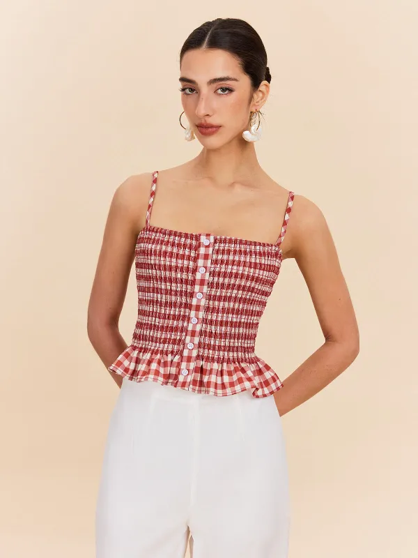 Gingham Smocked Peplum Cami Top sold by COMMENSE