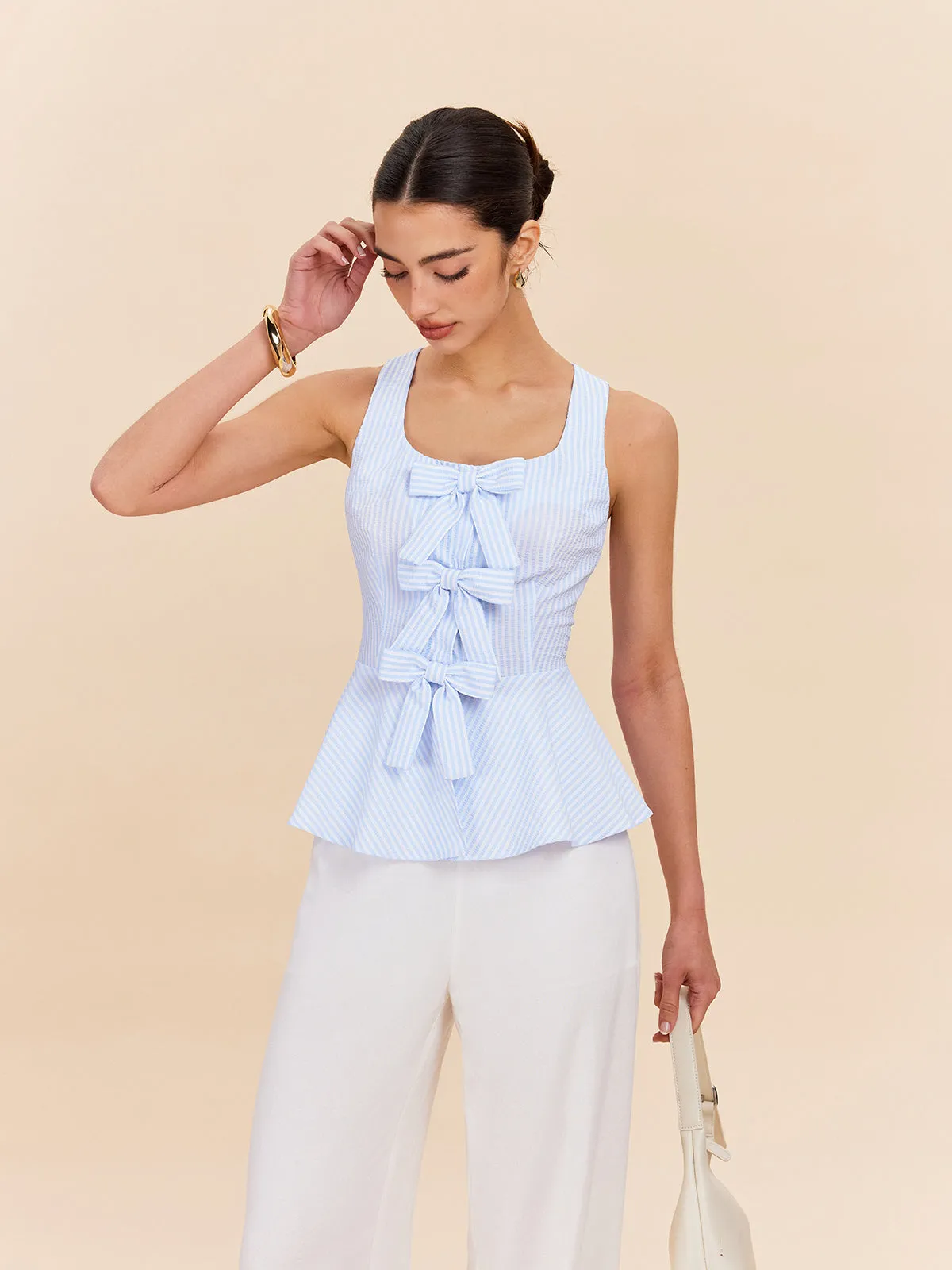 Striped Peplum Top With Bow Details sold by COMMENSE product image thumbnail 4