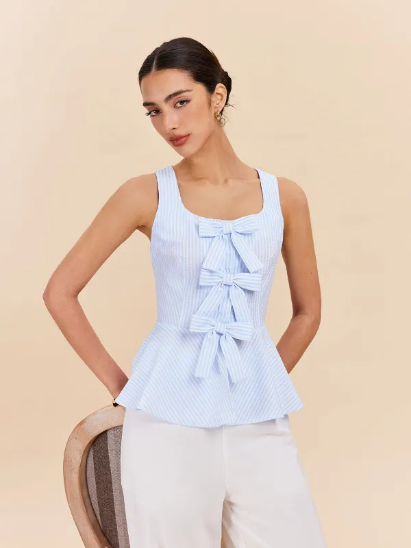 Striped Peplum Top With Bow Details sold by COMMENSE