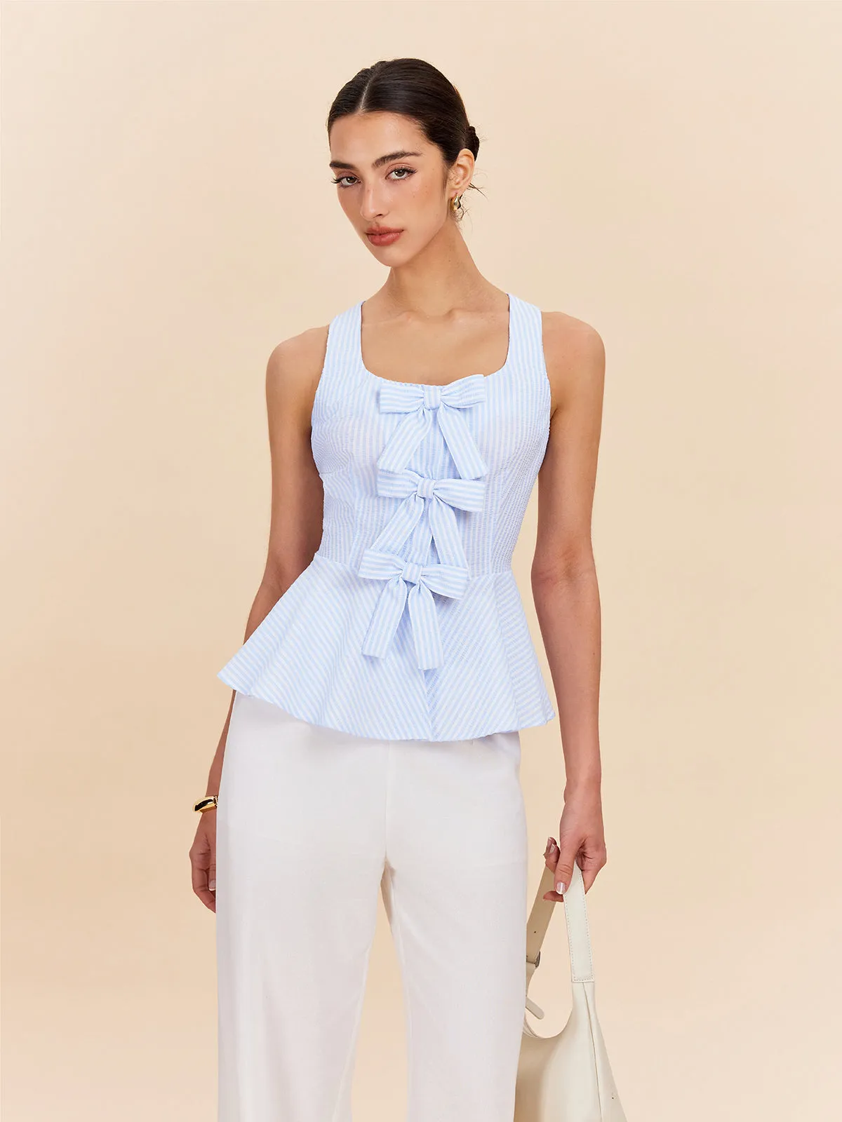 Striped Peplum Top With Bow Details sold by COMMENSE product image thumbnail 2