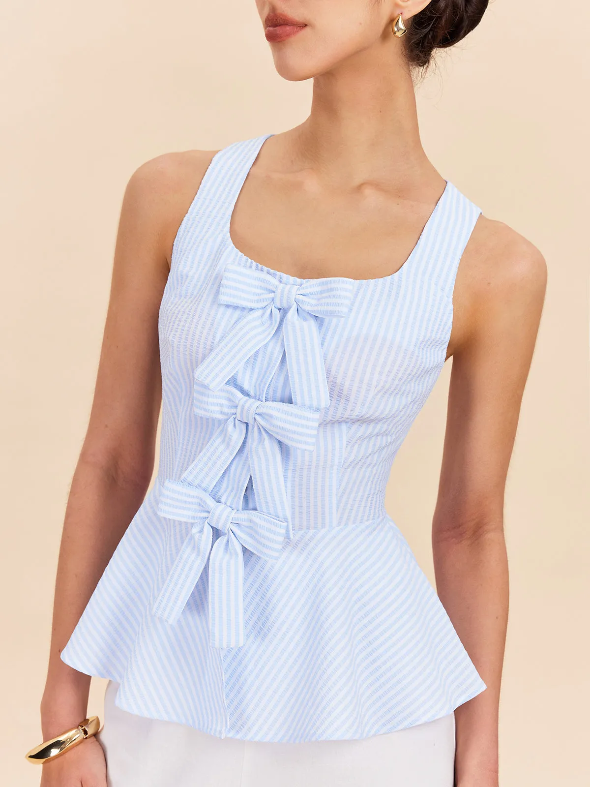 Striped Peplum Top With Bow Details sold by COMMENSE product image thumbnail 5