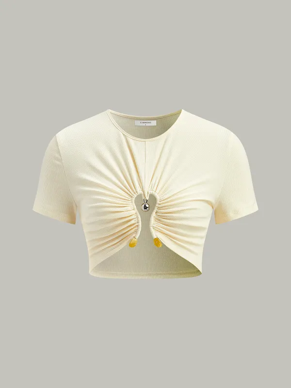Cut-Out Ruched Metal Detail Ribbed T-Shirt sold by COMMENSE