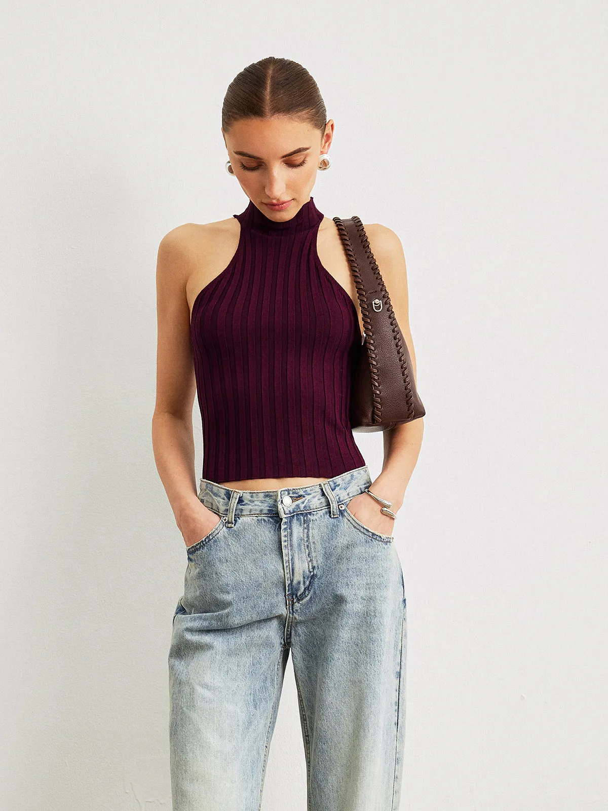 Ribbed Knit High-Neck Top sold by COMMENSE