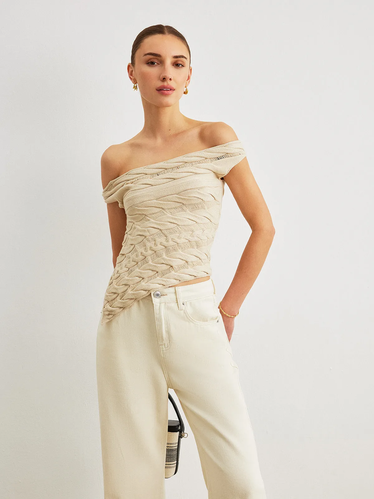 Off-Shoulder Cable Knit Top sold by COMMENSE product image thumbnail 4