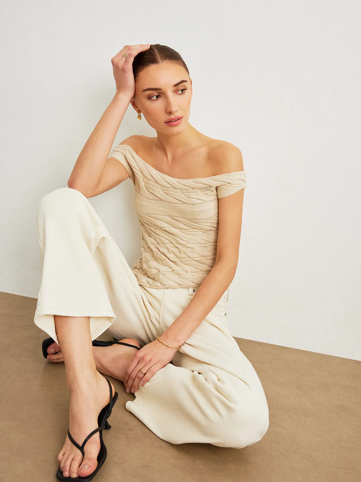 Off-Shoulder Cable Knit Top sold by COMMENSE product image thumbnail 2