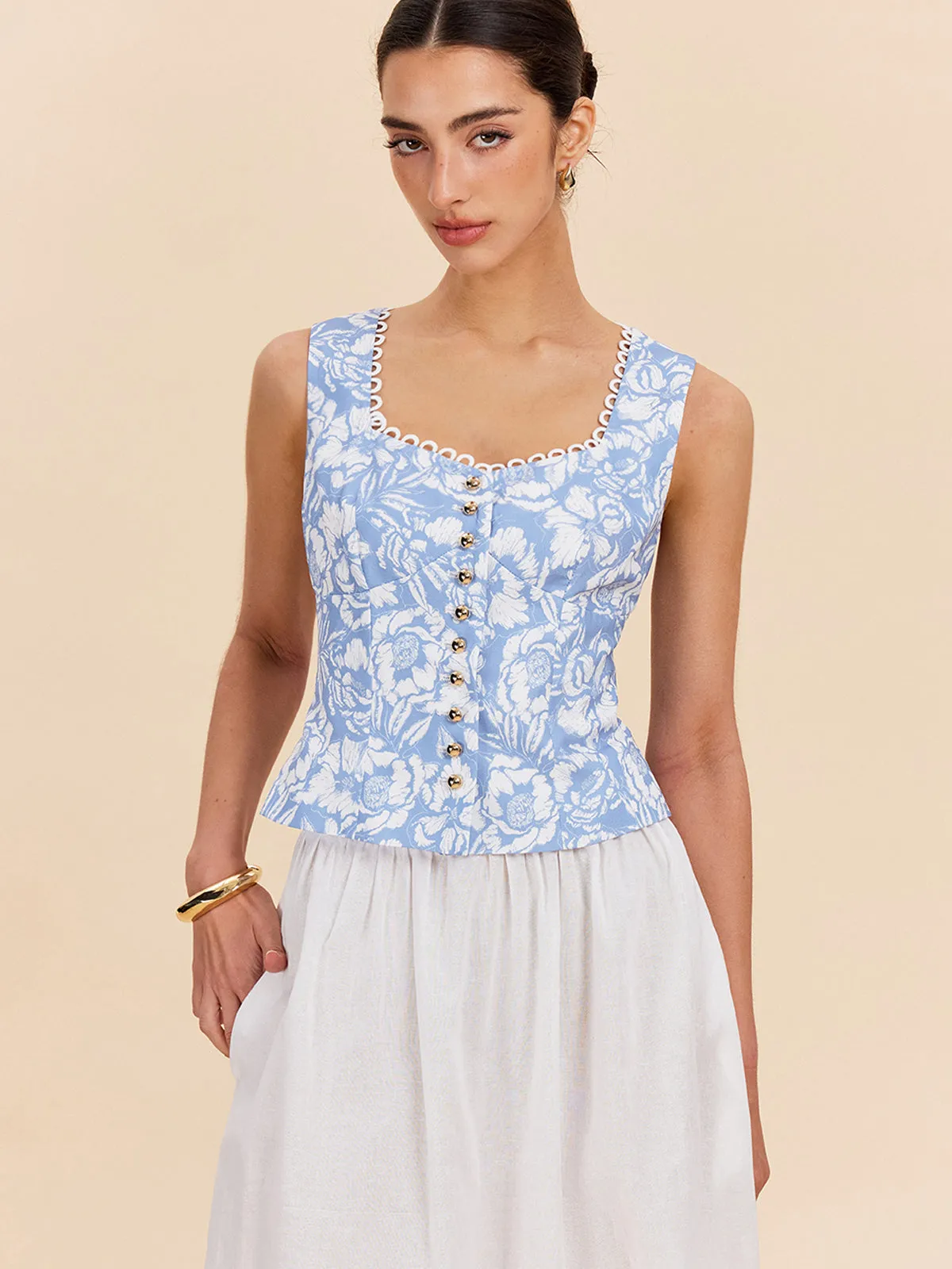 Floral Print Button-Front Top sold by COMMENSE