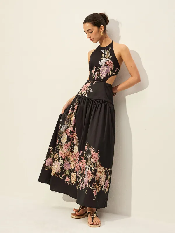 Floral Print Halter Neck Dress With Cut-Out Detail sold by COMMENSE