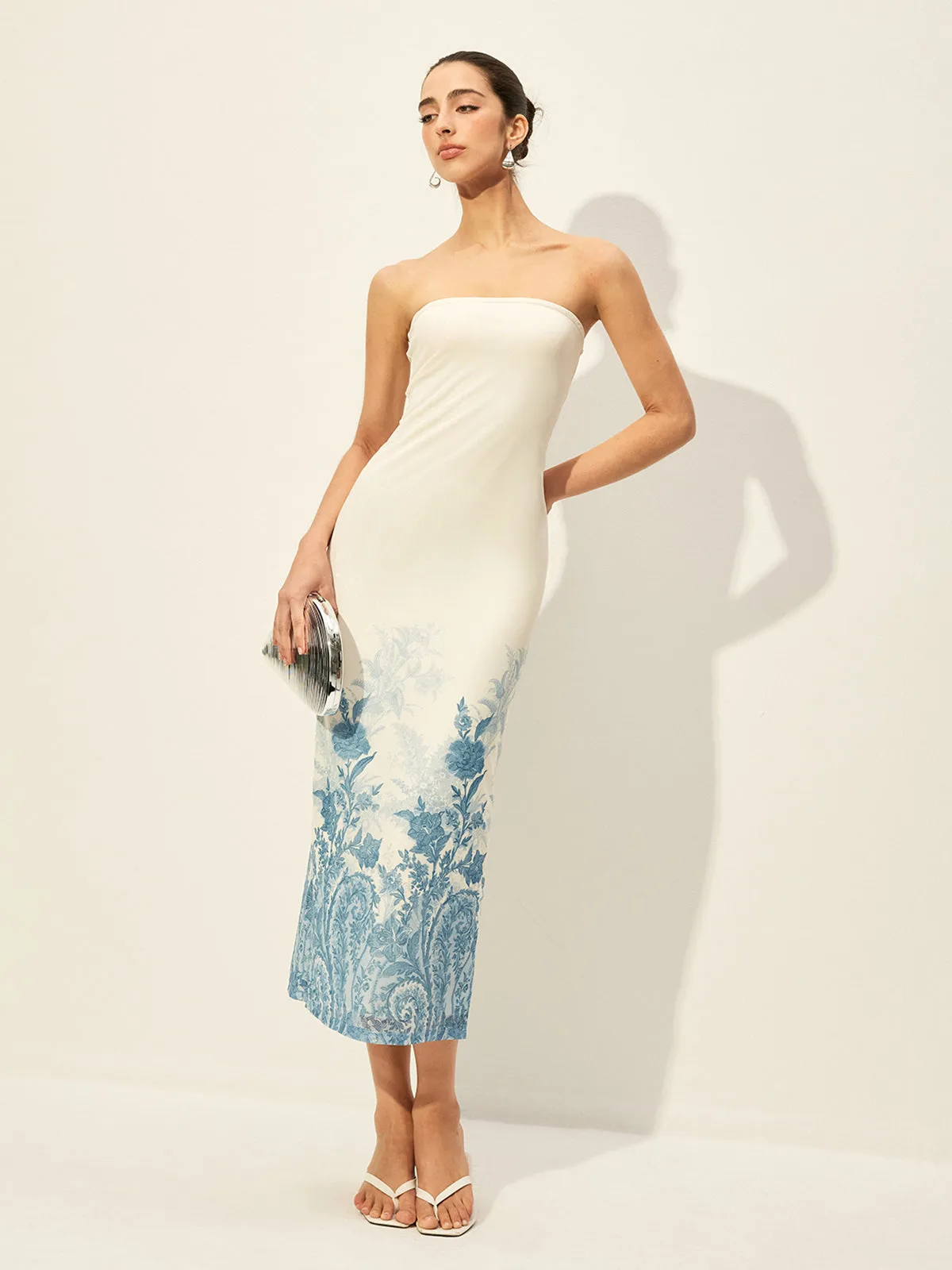 Strapless Mesh Dress With Floral Print Hem sold by COMMENSE product image thumbnail 4