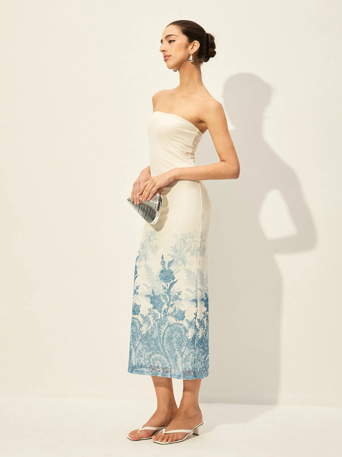 Strapless Mesh Dress With Floral Print Hem sold by COMMENSE product image thumbnail 5