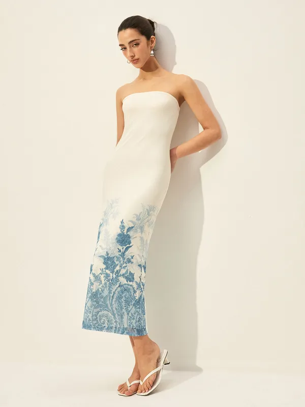 Strapless Mesh Dress With Floral Print Hem sold by COMMENSE