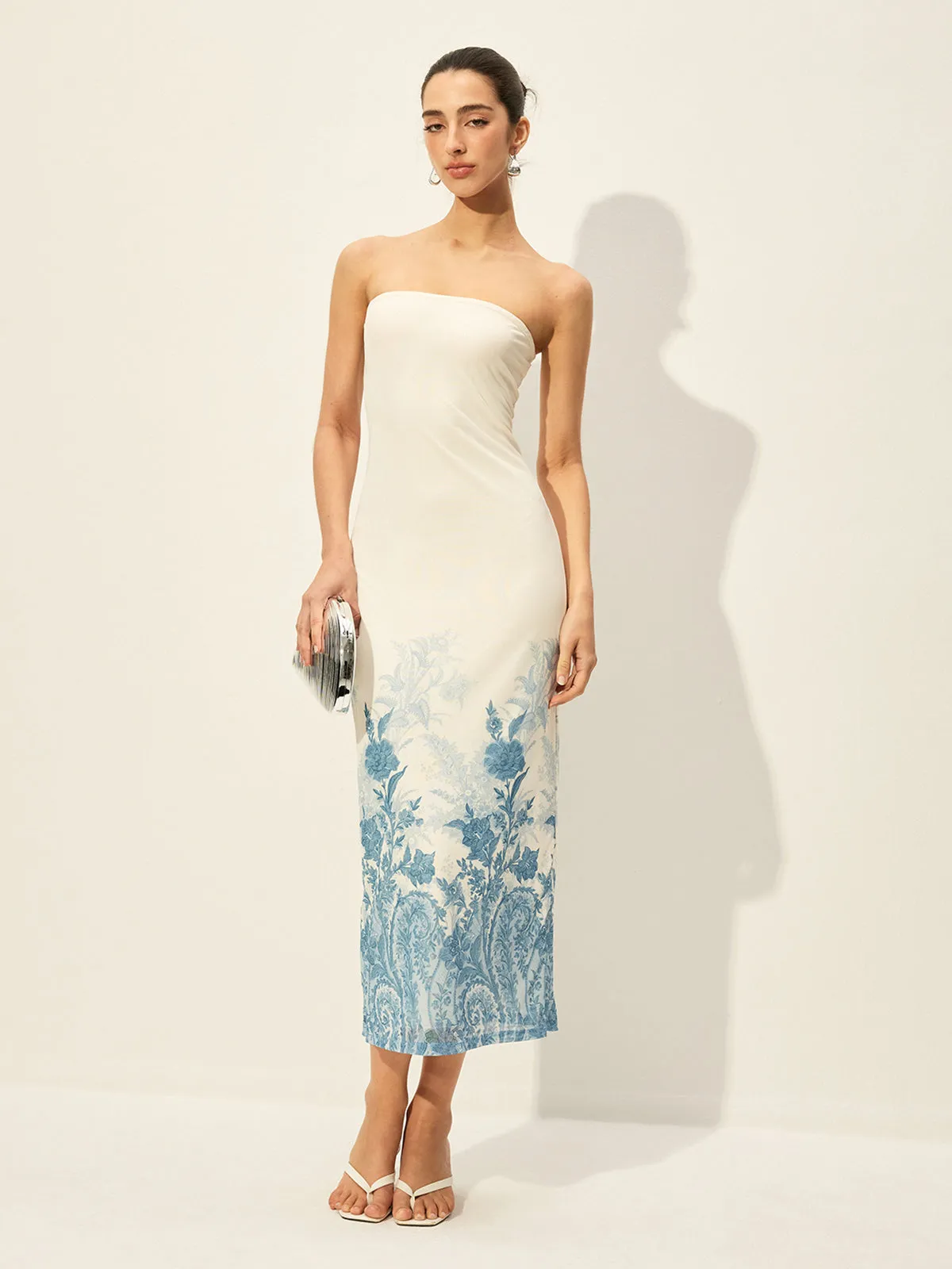 Strapless Mesh Dress With Floral Print Hem sold by COMMENSE product image thumbnail 3