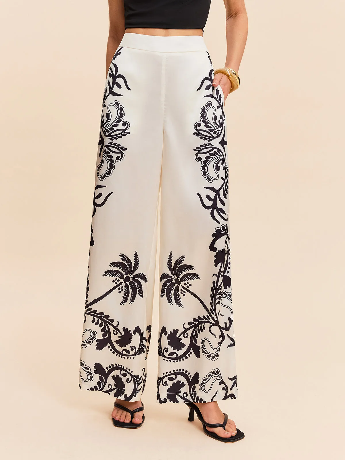 High-Waist Tropical Print Satin Pants sold by COMMENSE product image thumbnail 5