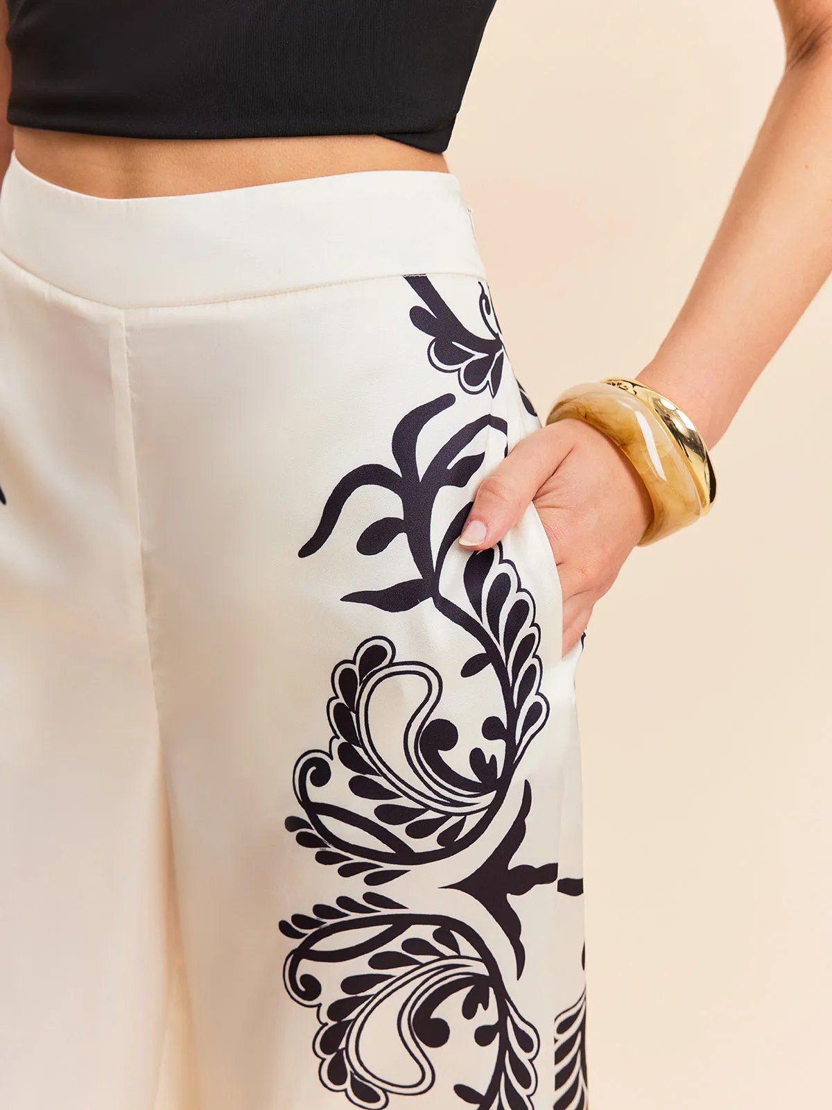 High-Waist Tropical Print Satin Pants sold by COMMENSE product image thumbnail 3