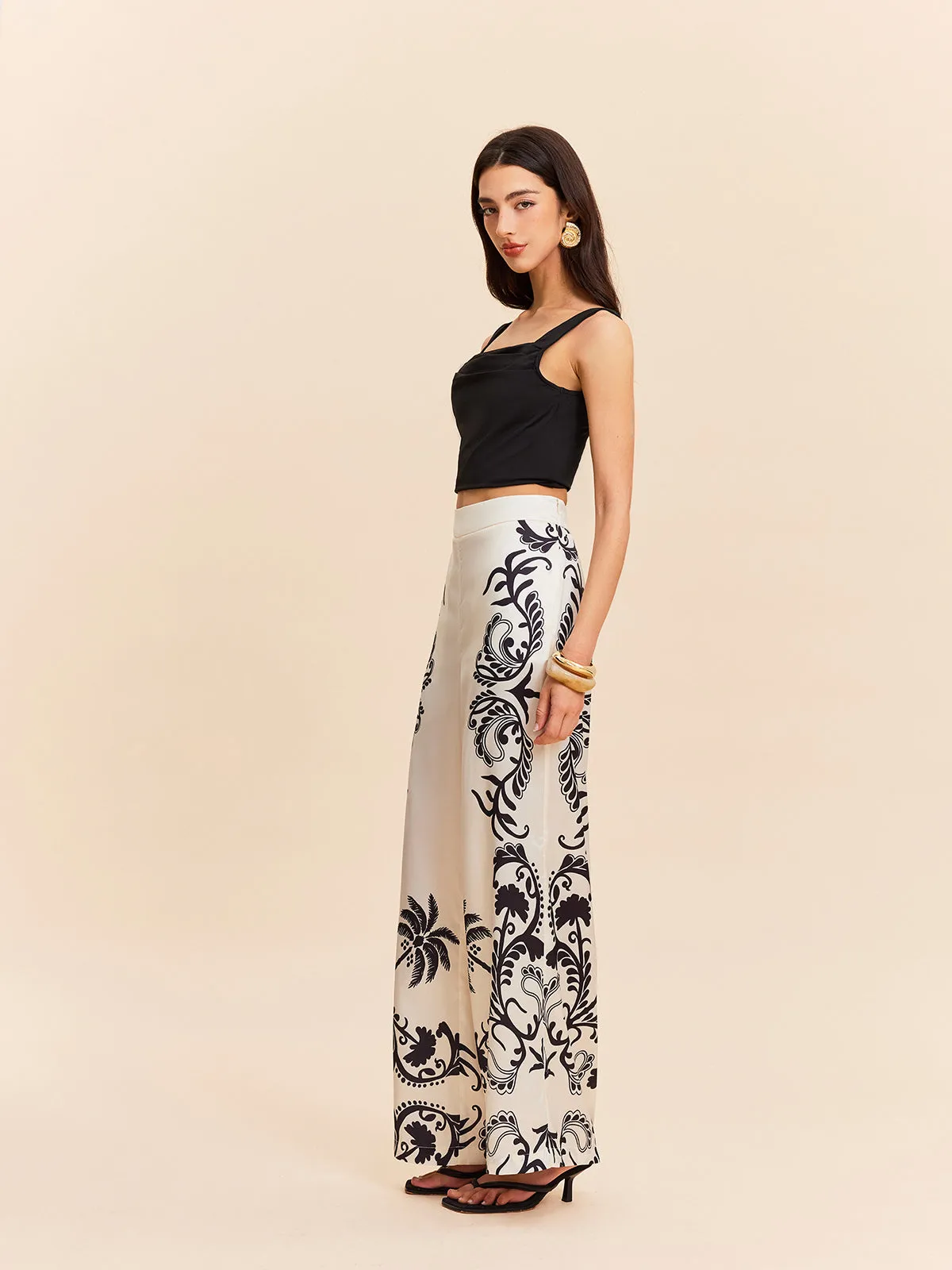 High-Waist Tropical Print Satin Pants sold by COMMENSE product image thumbnail 4