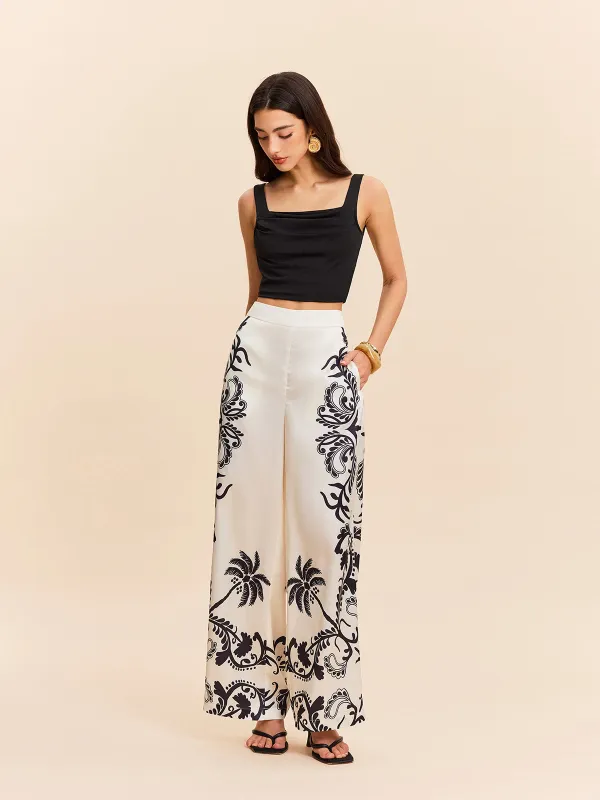 High-Waist Tropical Print Satin Pants sold by COMMENSE