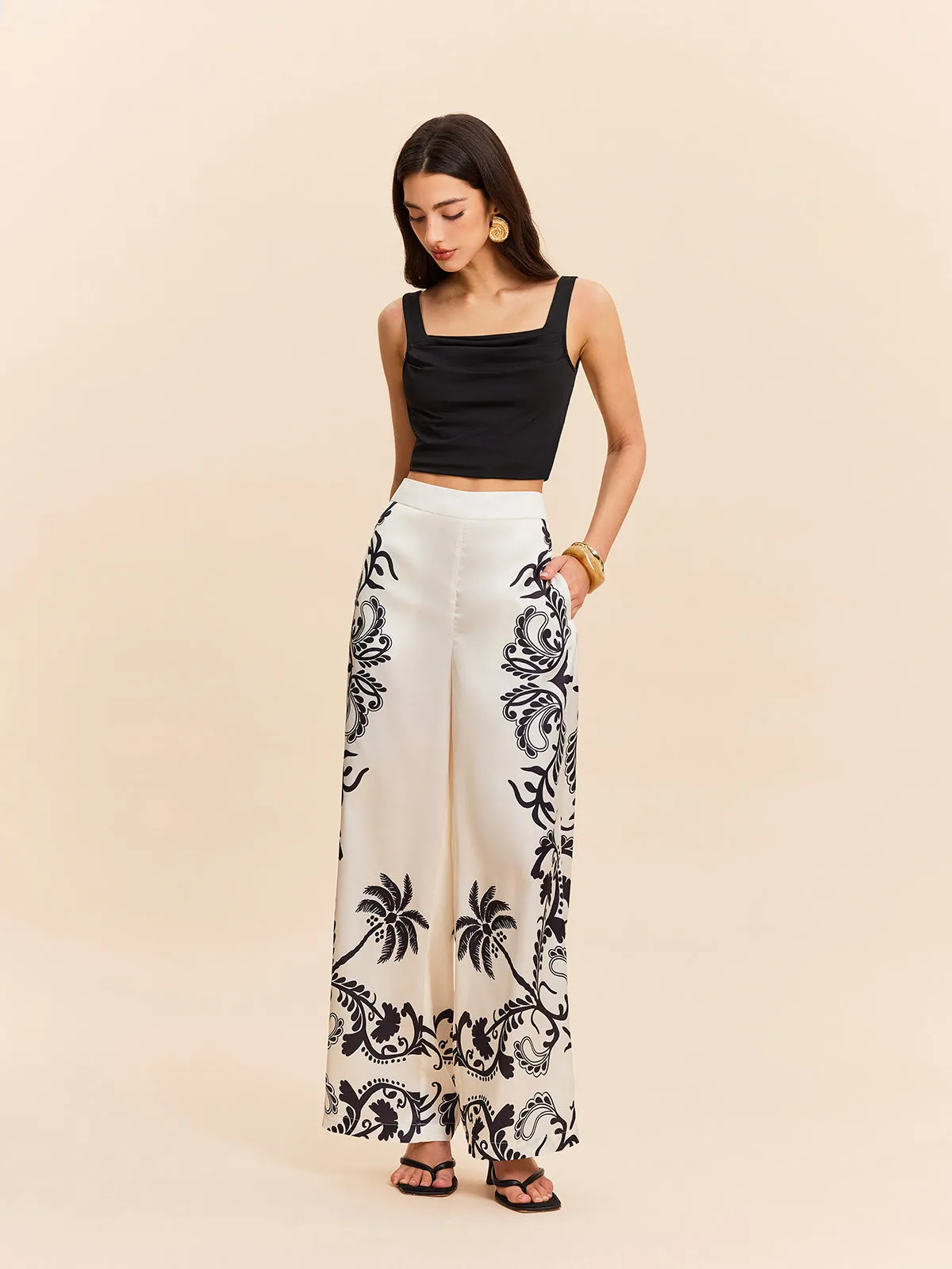 High-Waist Tropical Print Satin Pants sold by COMMENSE