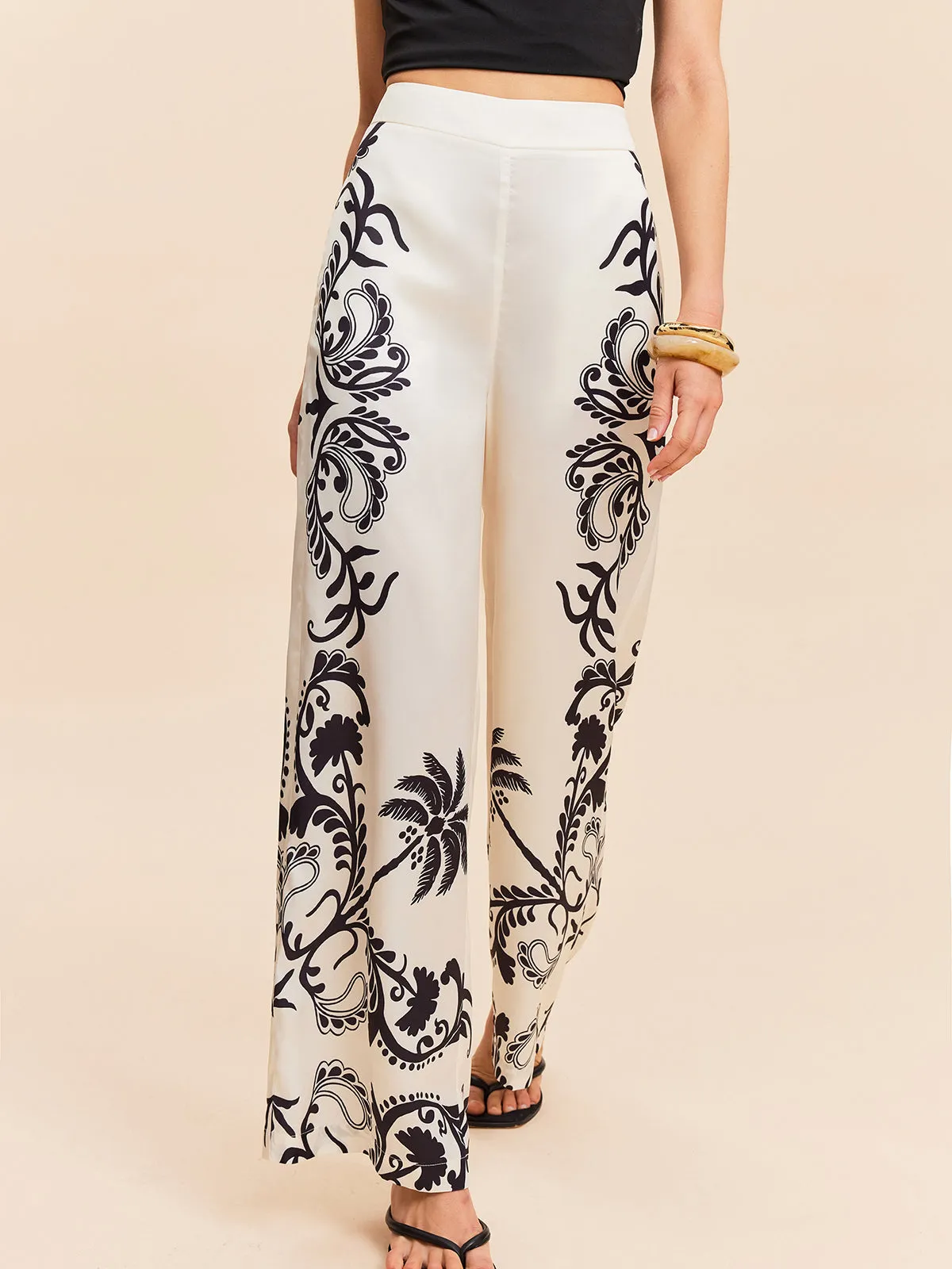 High-Waist Tropical Print Satin Pants sold by COMMENSE product image thumbnail 2