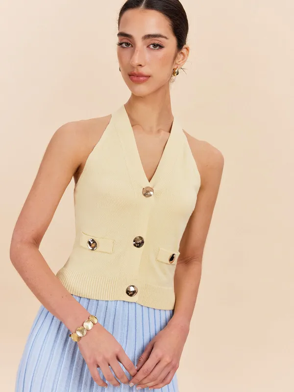 Halter Neck Ribbed Knit Vest With Decor Pockets sold by COMMENSE