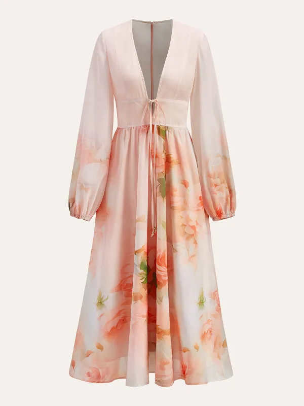 Semi-Sheer Balloon Sleeve Floral Dress With Tie Detail sold by COMMENSE