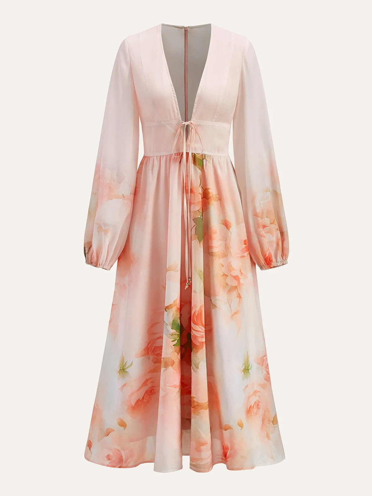 Semi-Sheer Balloon Sleeve Floral Dress With Tie Detail sold by COMMENSE