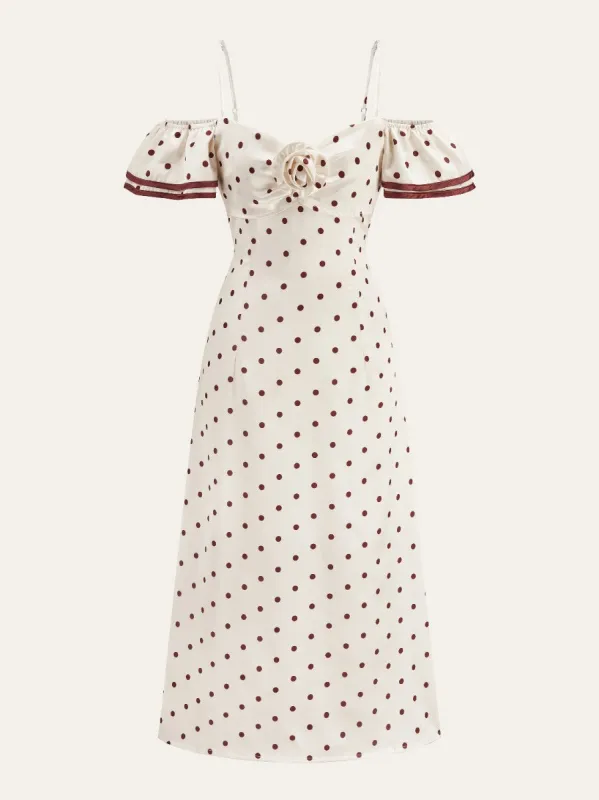Polka Dot Off-Shoulder Dress With Ribbon Detail sold by COMMENSE
