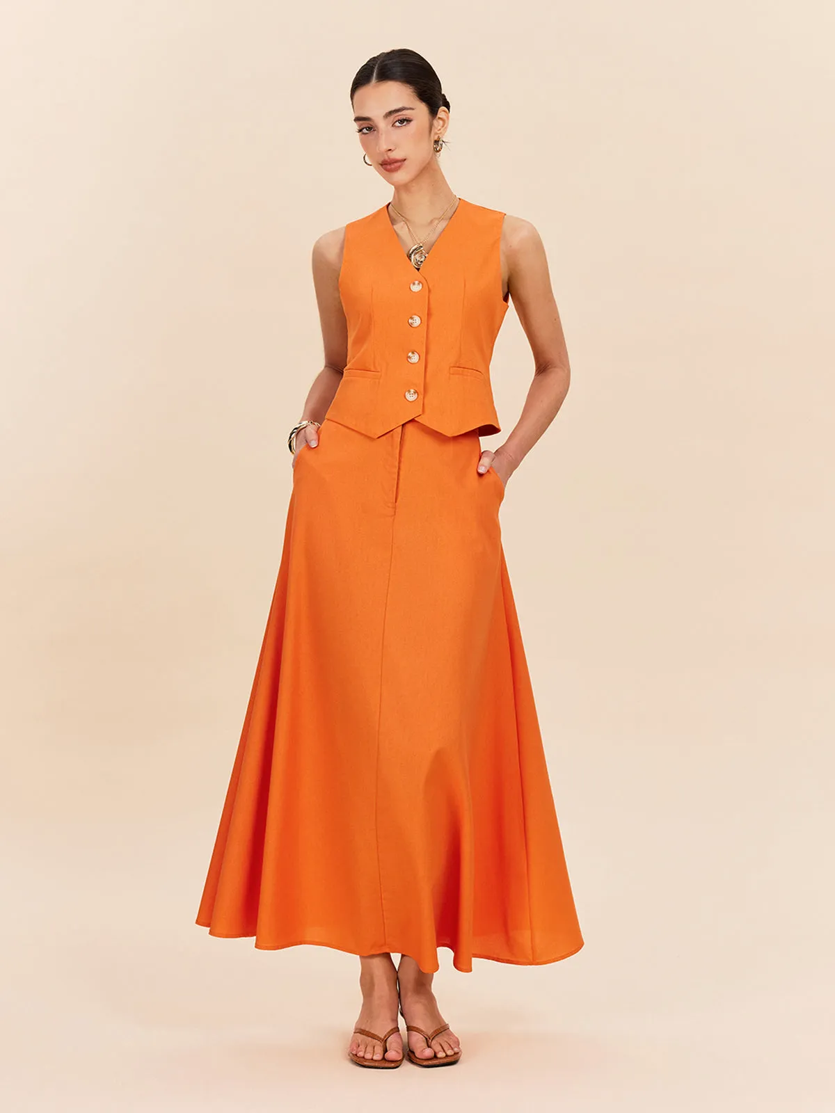 Cotton & Linen Pocket Detail Skirt Set sold by COMMENSE