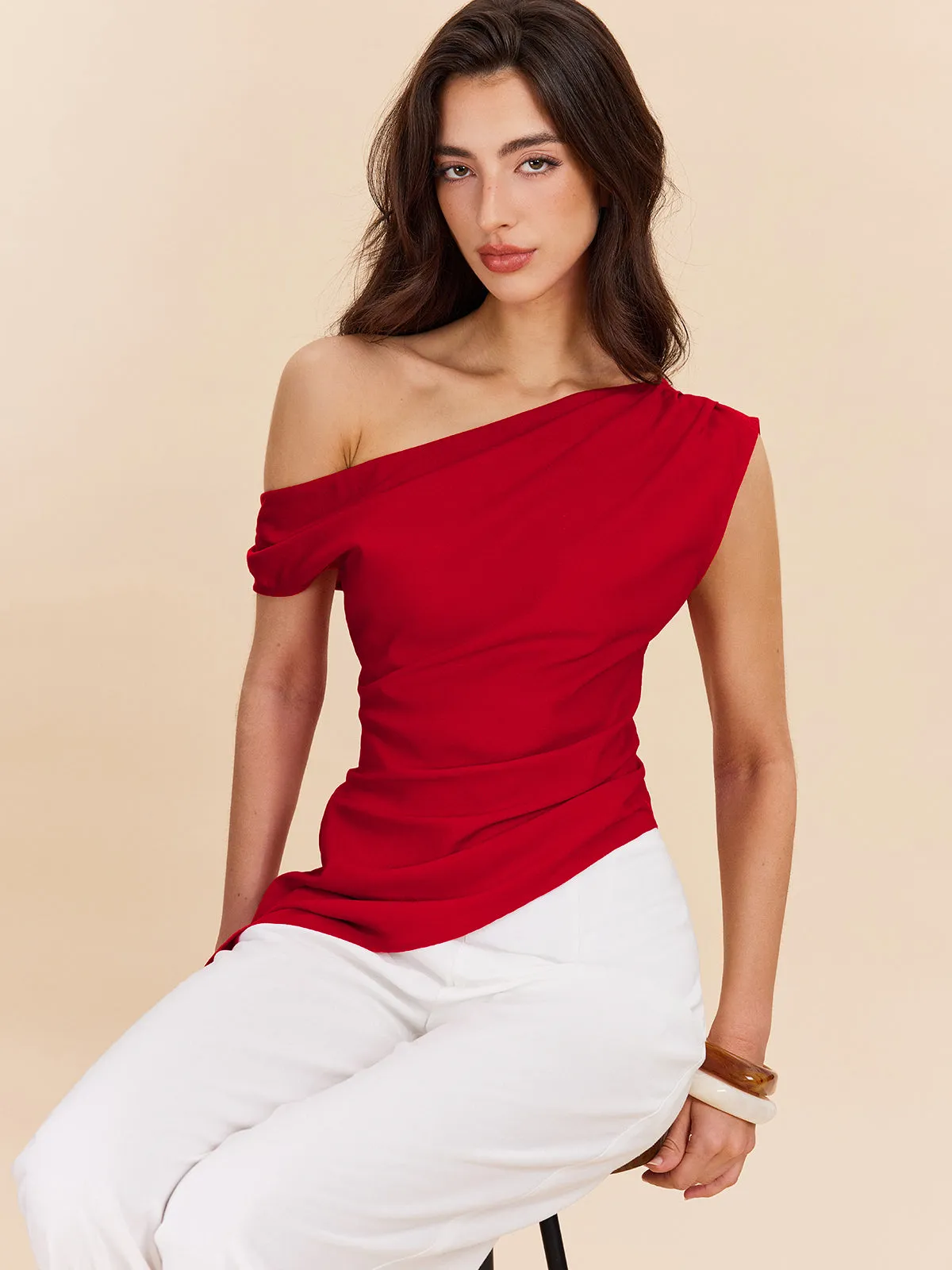 Cotton & Linen One-Shoulder Top sold by COMMENSE