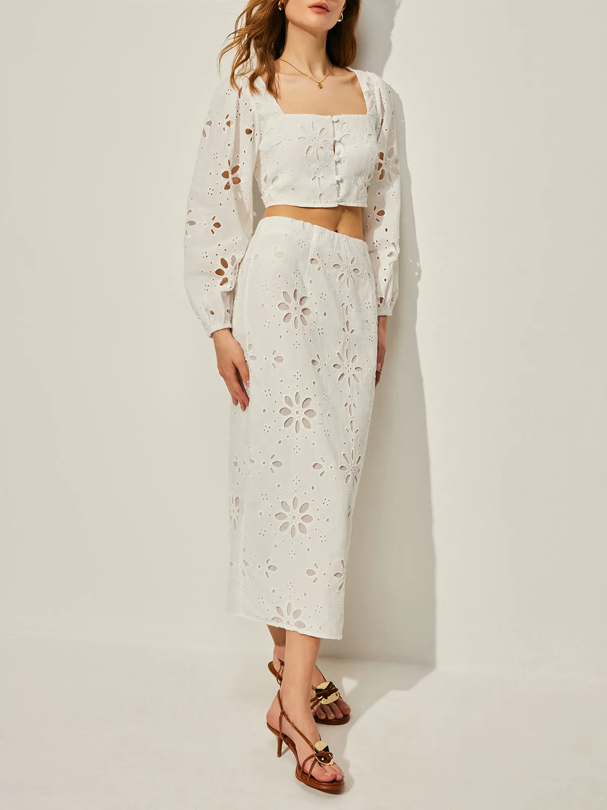 Cotton Hollow Floral Skirt Set sold by COMMENSE