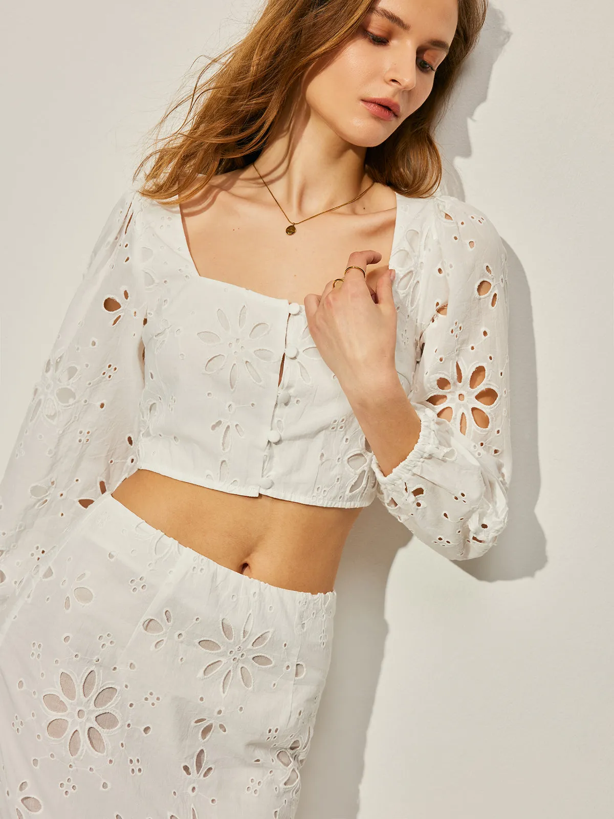 Cotton Hollow Floral Skirt Set sold by COMMENSE product image thumbnail 2