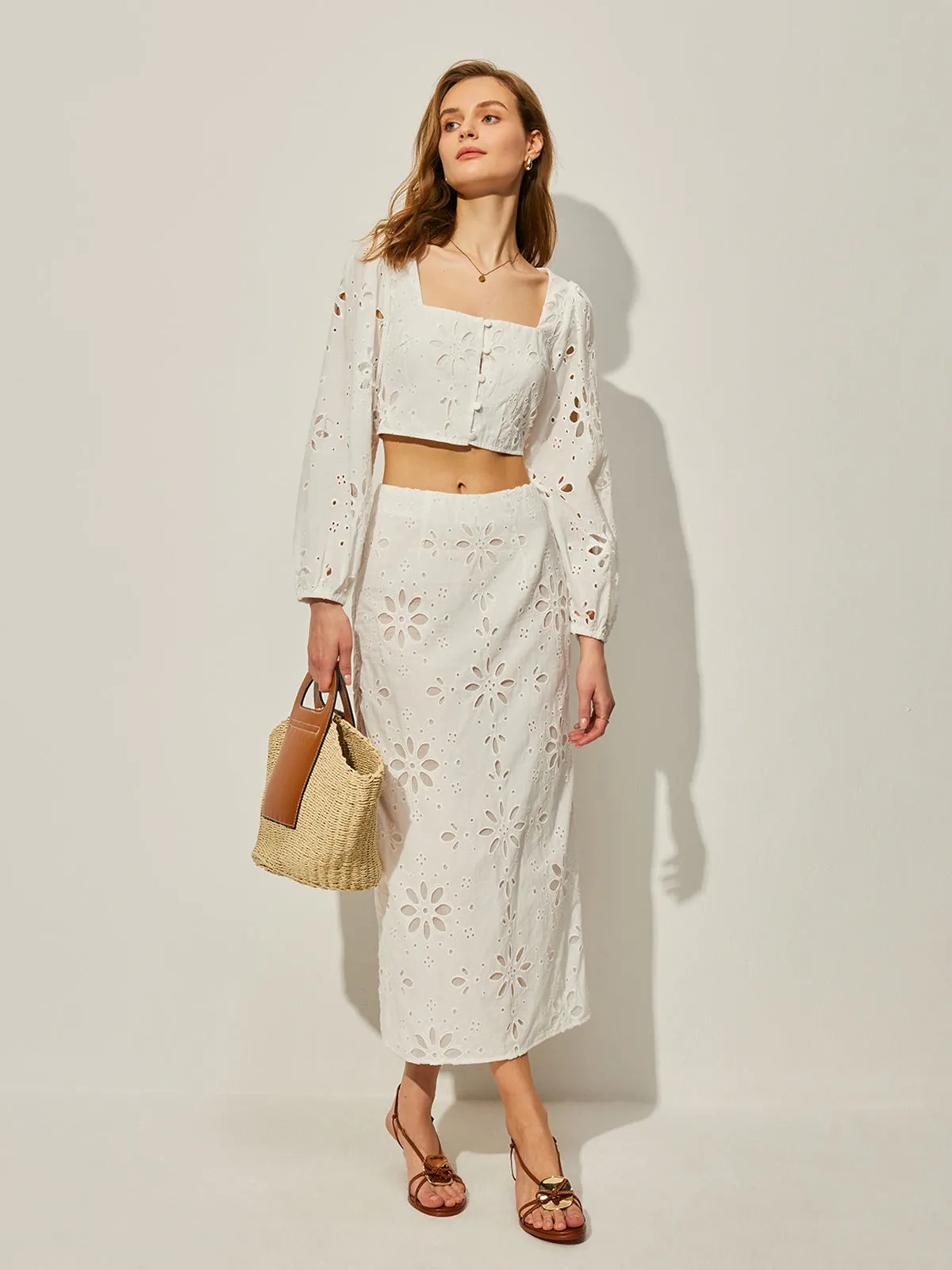 Cotton Hollow Floral Skirt Set sold by COMMENSE product image thumbnail 3